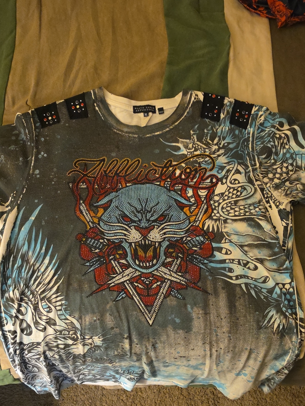 Affliction Blue Graphic Sweatshirt with Stud Accents
